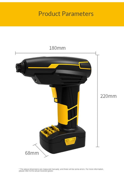 Yellow Pandora portable tire inflator air pump for automotive use, compact device with digital display and air hose attachment.