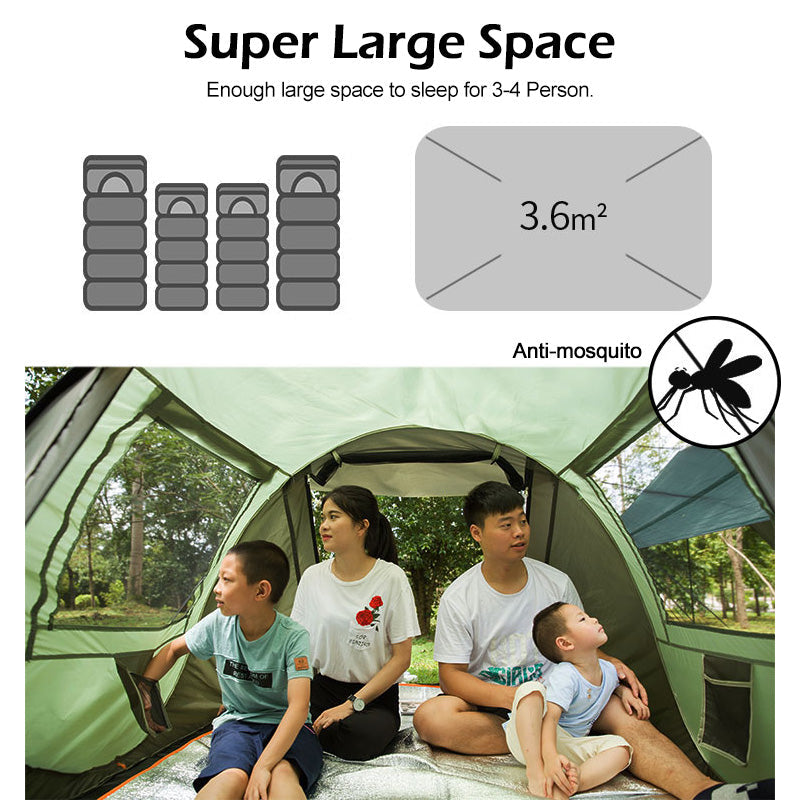 Yellow Pandora large capacity 4-5 person automatic pop-up camping tent set up outdoors in a grassy area.
