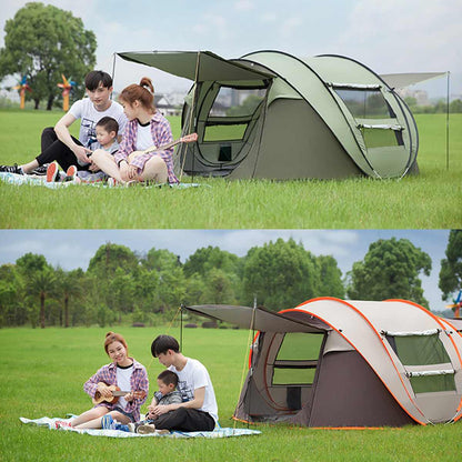 Yellow Pandora large capacity 4-5 person automatic pop-up camping tent set up outdoors on grass.