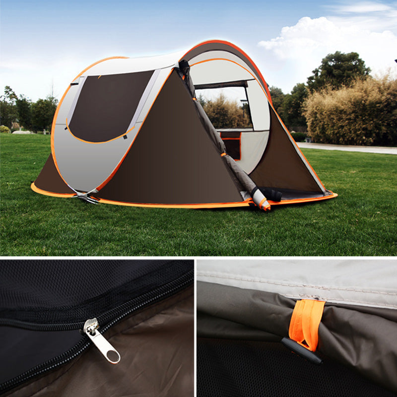 Yellow Pandora large capacity 4-5 person automatic pop-up camping tent set up outdoors in a grassy area.
