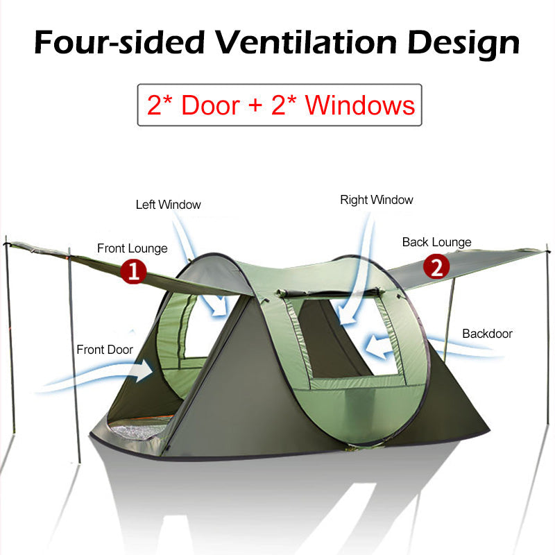 Yellow Pandora large capacity camping tent for 4 to 5 persons, automatic pop-up design, ideal for outdoor camping adventures.