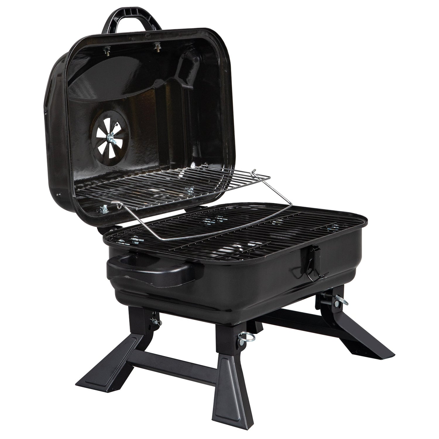 Yellow Pandora portable tabletop charcoal grill for kitchen use, compact and easy to carry, with cooking grate and charcoal chamber visible.