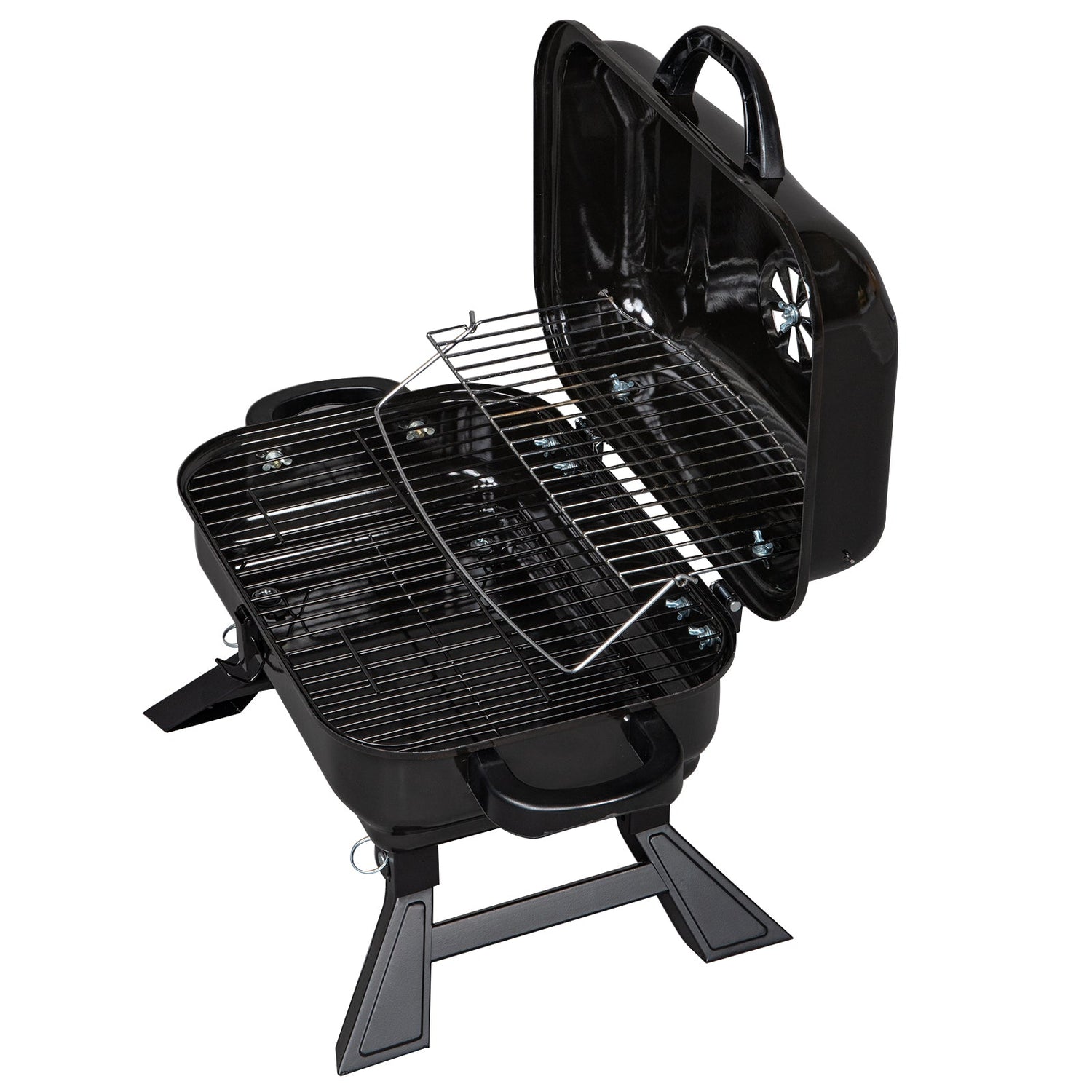 Yellow Pandora portable tabletop charcoal grill for kitchen use, compact and ideal for outdoor cooking and grilling.