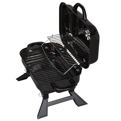 Yellow Pandora portable tabletop charcoal grill for kitchen use, compact and ideal for outdoor cooking and grilling.