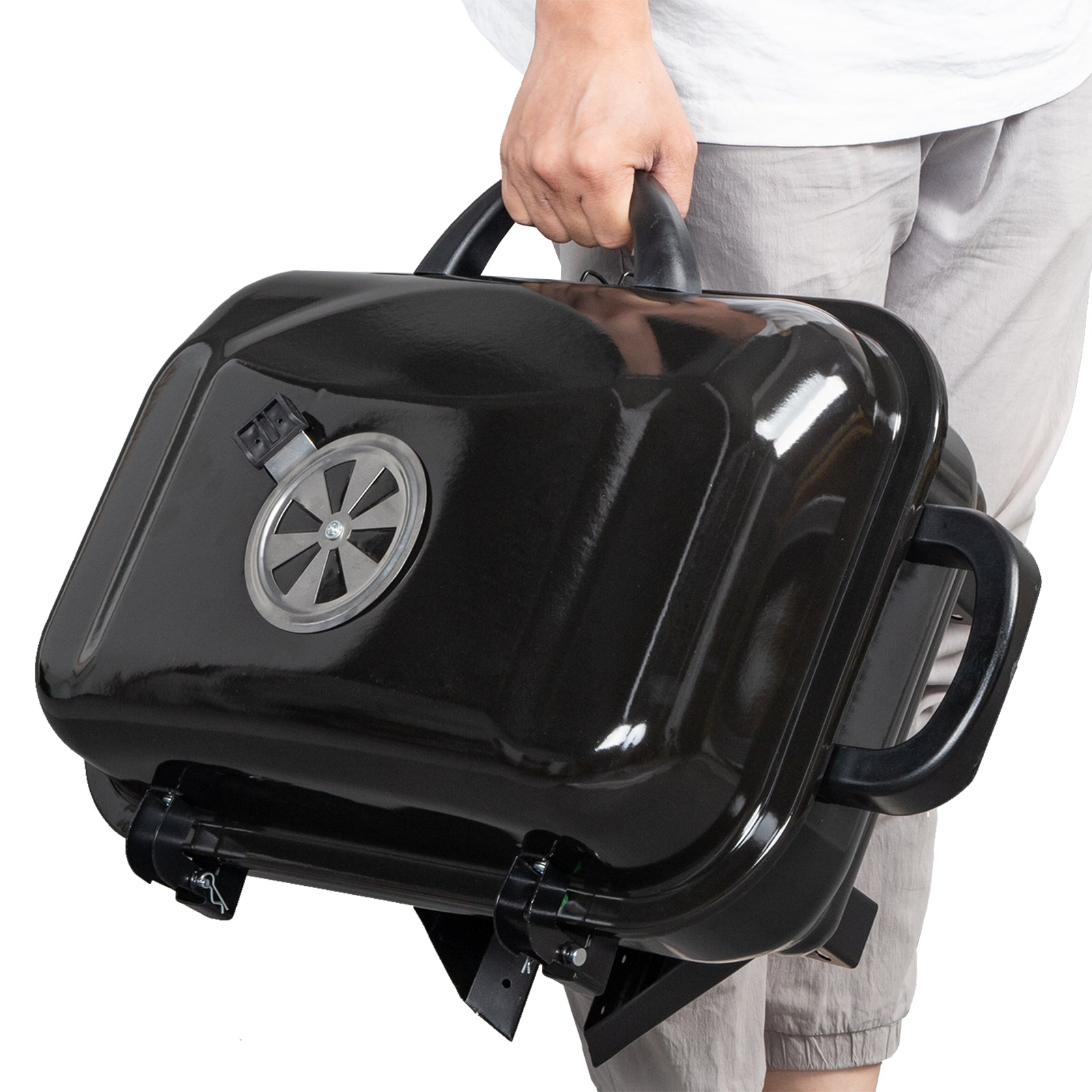Yellow Pandora portable tabletop charcoal grill for kitchen use, showing compact design and grilling surface in the image.