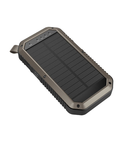 Sun Chaser Mini Solar Powered Wireless Phone Charger by Salmon Lucky with 10,000mAh capacity, compact tech accessory, charging device in hand