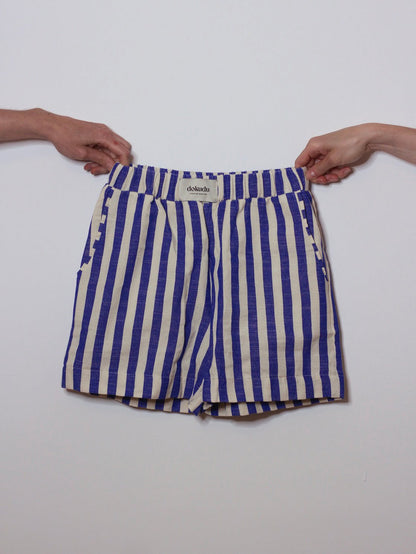 Handwoven blue shorts from Blue Helios matching set, featuring intricate design and comfortable fit.