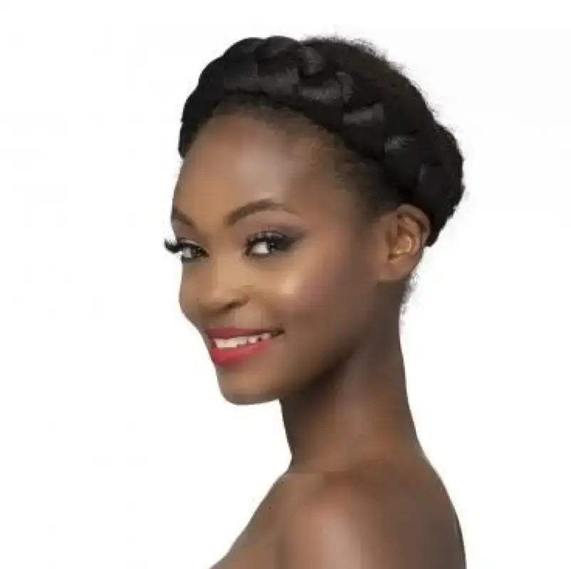Peach Clymene Queen braided synthetic wig with goddess braids, shown in three different colors, styled as a headband.