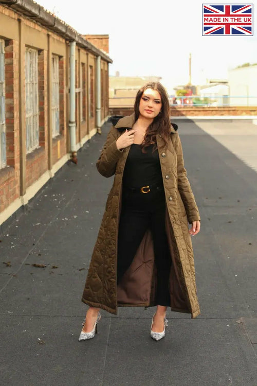 Brown quilted single-breasted longline hooded coat by Rose Eleusis, stylish outerwear with a cozy hood and tailored fit.