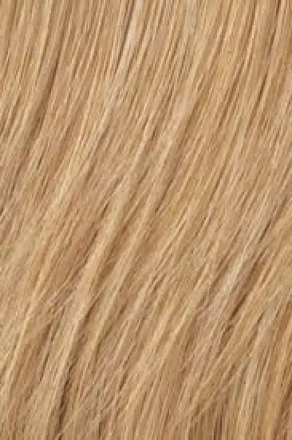 Peach Clymene 18-inch ginger blonde human hair highlight clip-in extensions, three-piece hair enhancement for added volume and color.