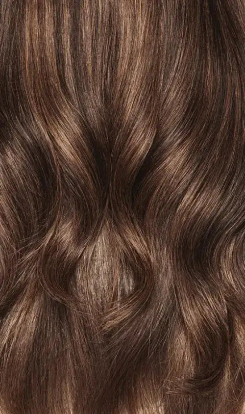 Peach Clymene 18-inch human hair highlight clip-in extension in choco copper, showing three thick hair pieces with natural shine.