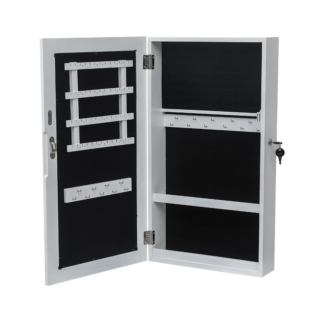 Blue Charlie lockable jewelry cabinet armoire, wall-mounted space-saving jewelry storage with interior compartments and mirror.