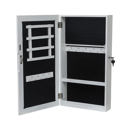 Blue Charlie lockable jewelry cabinet armoire, wall-mounted space-saving jewelry storage with interior compartments and mirror.
