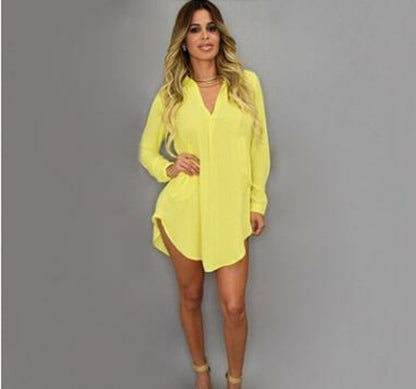 White chiffon summer V-neck beach dress by Blue Charlie, short, loose fit, casual mini dress perfect for warm weather.