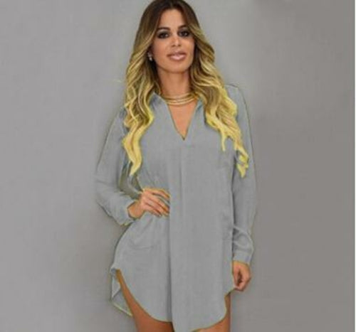 White chiffon summer beach dress with V-neck, mini length, loose fit, casual style by Blue Charlie, perfect for warm weather.