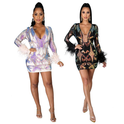 Jade feather sequin bodycon dress with deep V-neck, glamorous women&