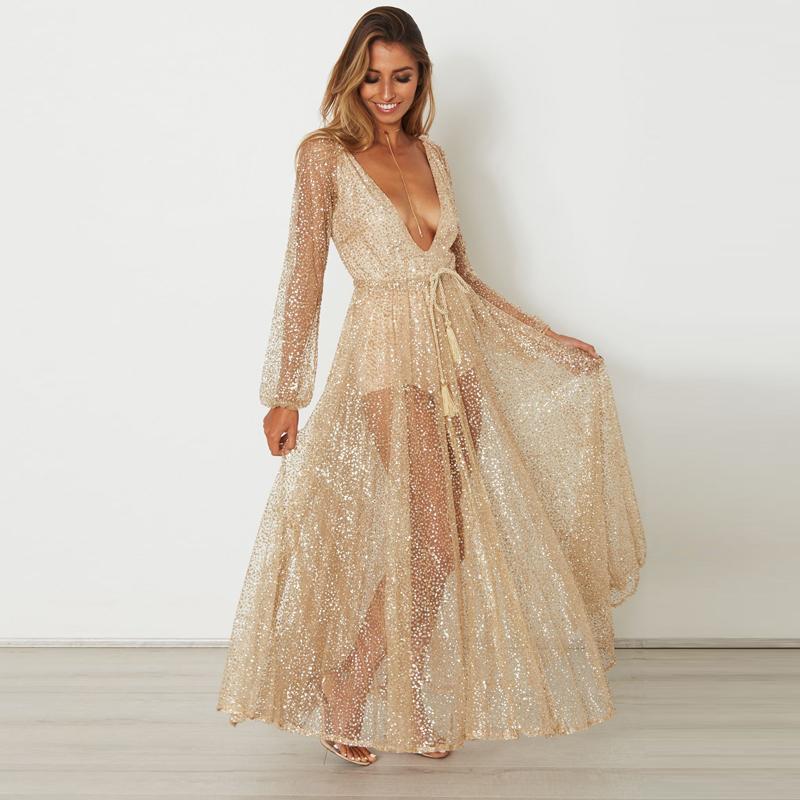 Long sleeve deep V neck mermaid tunic robe dress by Blue Charlie, perfect for evening parties and elegant home wear.