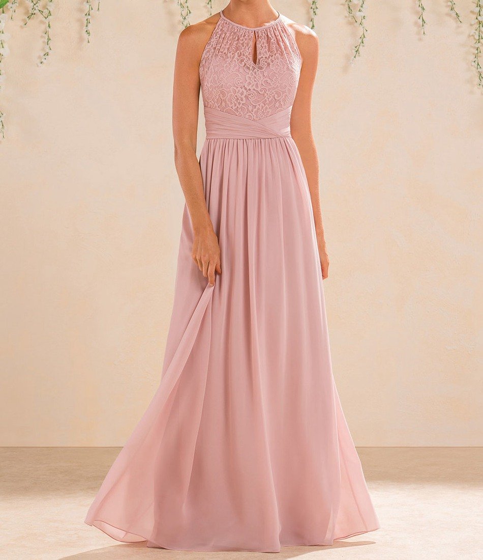 Pink halter bridesmaid dress with illusion lace design, elegant long gown by Blue Charlie, perfect for formal occasions.