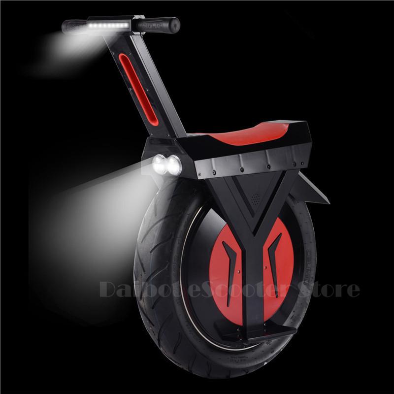 Blue Charlie Daibot electric monowheel scooter, single wheel electric scooter shown in a home and garden setting.
