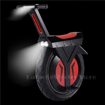 Blue Charlie Daibot electric monowheel scooter, single wheel electric scooter shown in a home and garden setting.