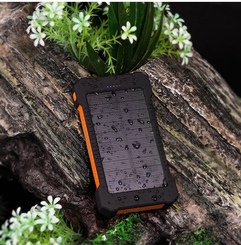Blue Charlie 10,000mAh waterproof solar power bank with emergency battery and outdoor-friendly design for home and garden use.