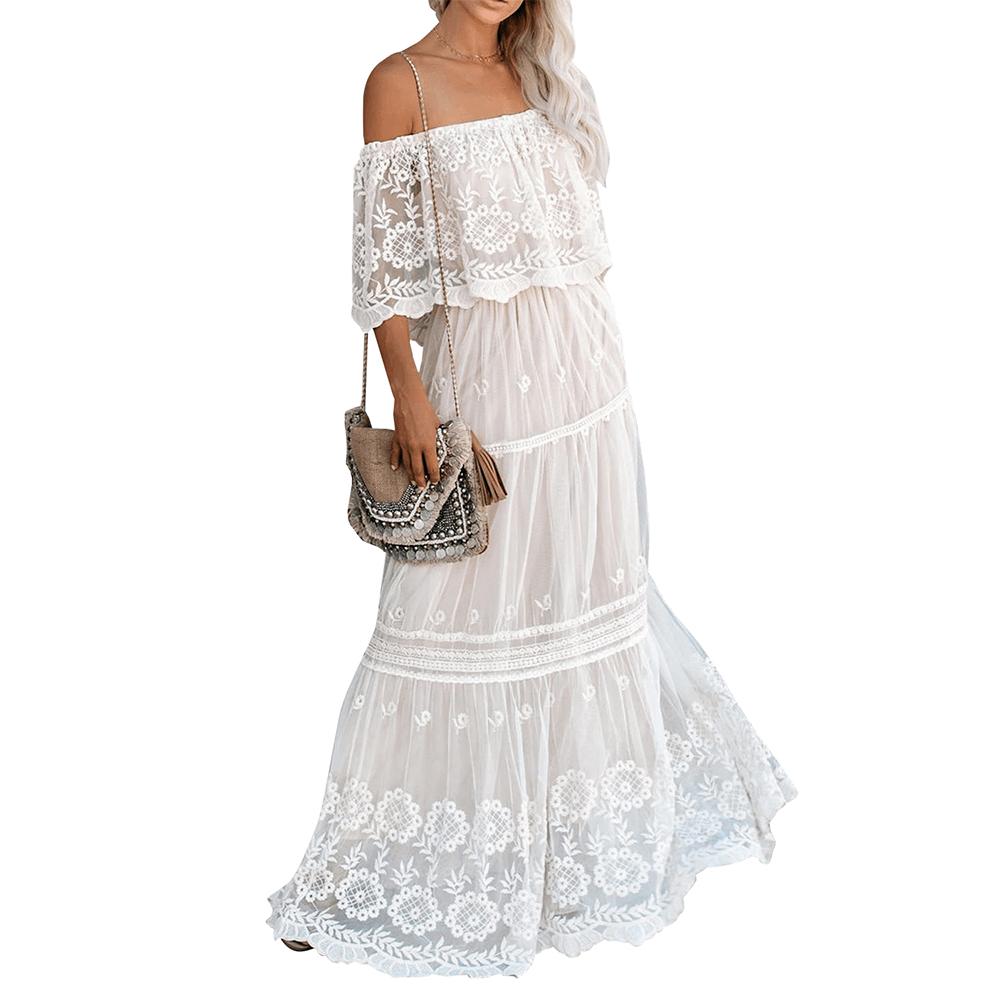Blue Charlie long boho wedding dress with lace details, Victorian-inspired elopement gown, simple and elegant for special occasions