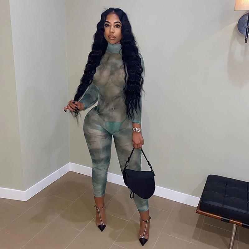 Blue Charlie mesh see-through bodycon two-piece set for women featuring a backless turtleneck, perfect for stylish home or garden wear.