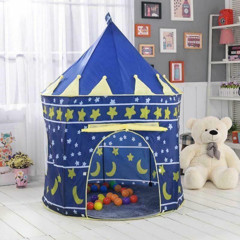 Blue Charlie portable folding kids play house tent with castle design, ideal for indoor and outdoor play for children.