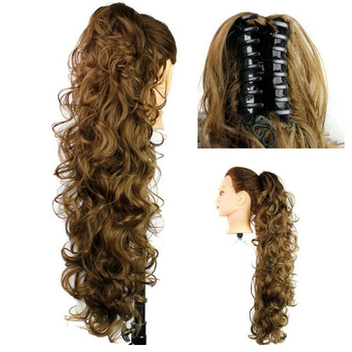 Curly wavy synthetic hair ponytail clip-in claw hair extension for women, in natural brown color, by Blue Charlie.