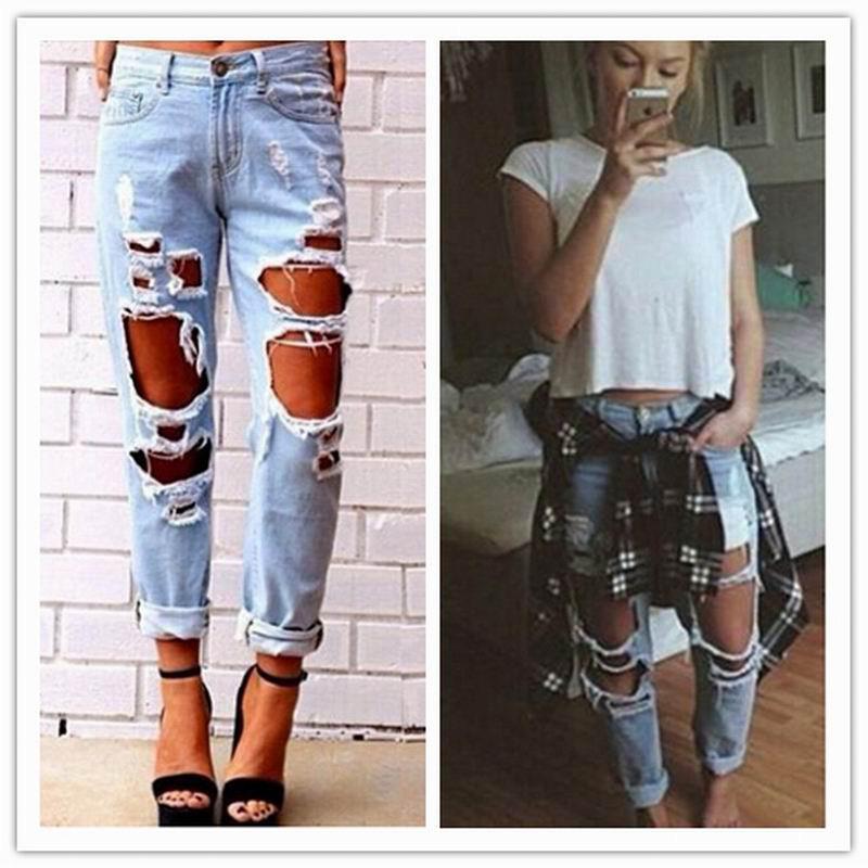 Blue Charlie ripped denim joggers for women with knee holes, slim fit blue jeans, perfect for casual home and outdoor wear.