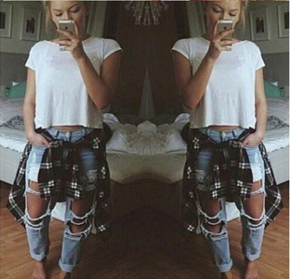 Blue Charlie ripped denim joggers for women with knee holes, slim fit blue jeans, casual and stylish for everyday wear