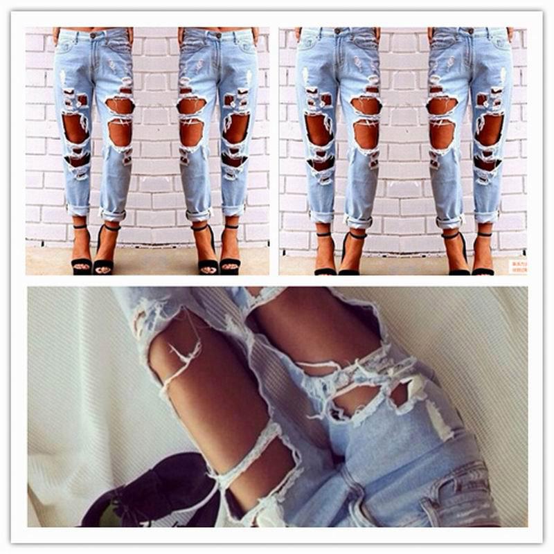 Blue Charlie ripped denim joggers for women with knee holes, slim fit blue jeans, casual and stylish for everyday wear.