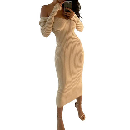 Off-shoulder 2019 winter knitted sweater dress for women, blue Charlie bodycon midi dress, cozy and stylish for cold weather.