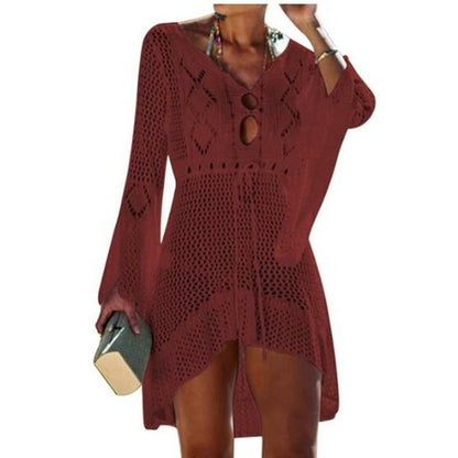 Crochet beach cover-up for women with tassel ties, knitted design, stylish Jade women&