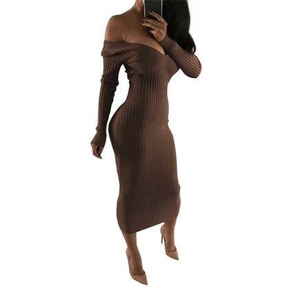 Blue Charlie 2019 winter knitted sweater dress for women, off-shoulder midi bodycon style, cozy and stylish for cold weather.