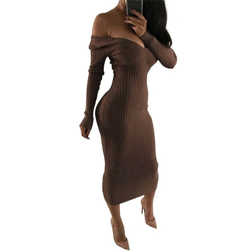 Blue Charlie 2019 winter knitted sweater dress for women, off-shoulder, midi length, bodycon fit, cozy and stylish for winter wear.