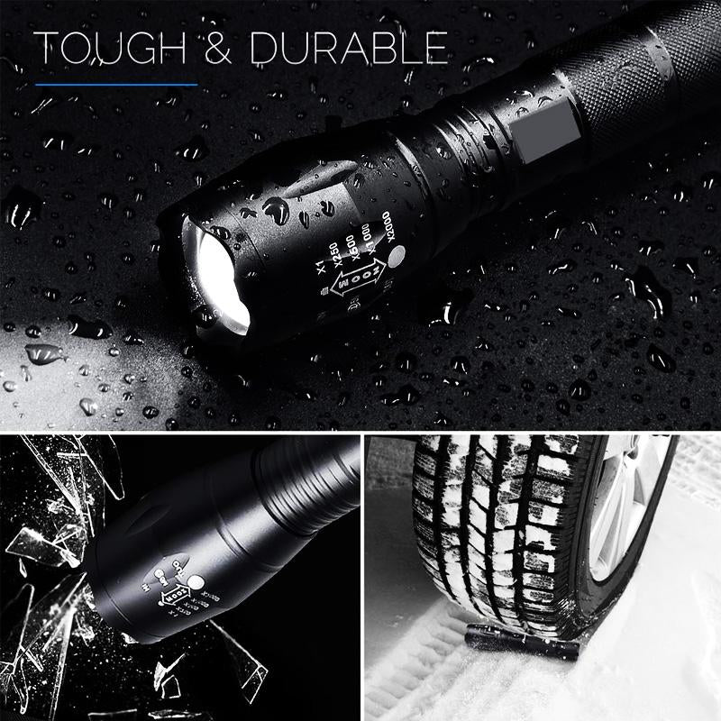 Jade 8000 LM LED flashlight with T6 bulb, ultra-bright camping torch, featuring five switch options, outdoor equipment and accessories