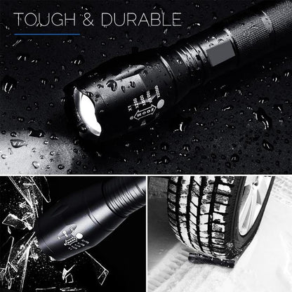 Jade 8000 LM LED flashlight with T6 bulb, ultra-bright camping torch, featuring five switch options, outdoor equipment and accessories