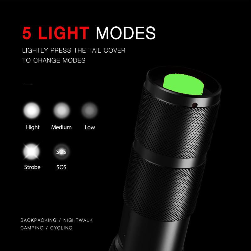 Jade 8000 LM LED flashlight with T6 ultra-bright torch, five-switch camping light, handheld equipment and accessories.