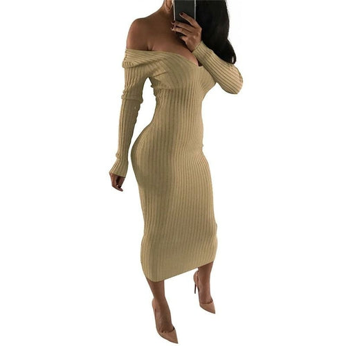 Blue Charlie 2019 winter knitted sweater dress for women, off-shoulder, midi length, bodycon fit, perfect for cozy winter style.