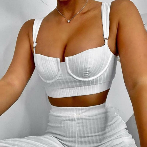 White two-piece knitted women’s tracksuit with sleeveless strapless crop top and matching pants, casual loungewear by Blue Charlie