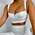 White two-piece knitted women’s tracksuit with sleeveless strapless crop top and matching pants, casual loungewear by Blue Charlie