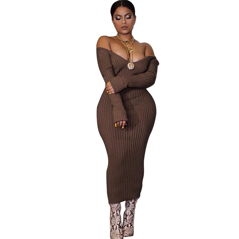 Off-shoulder 2019 winter knitted sweater dress for women, Blue Charlie, midi length, bodycon fit, cozy and stylish for cold weather.