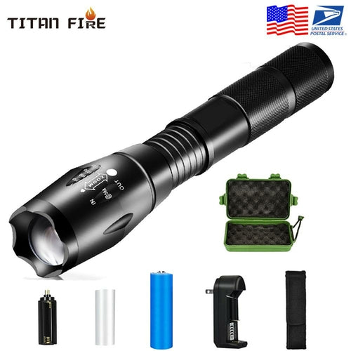 Jade 8000 LM LED flashlight with T6 bulb, ultra-bright camping torch, five switch modes, handheld equipment and accessories.