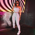 Striped patchwork sporty matching set for women by Blue Charlie, featuring a one-shoulder crop top and matching shorts.