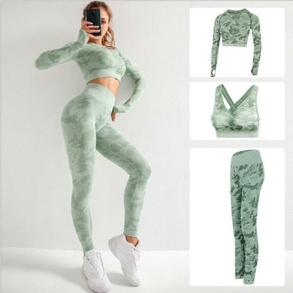 Women’s camo yoga set by Jade, includes seamless fitness yoga bras and matching workout leggings for active women.