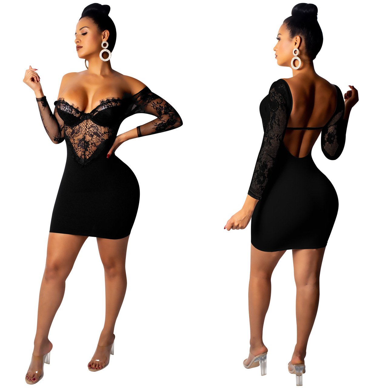 Blue Charlie hot lace revealing backpack arm five-point sleeve dress with hollow design for stylish home and garden wear.