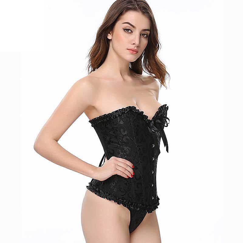 Plus size black lace-up steampunk corset for women, gothic style with boned design, by Jade, featuring intricate lace details.