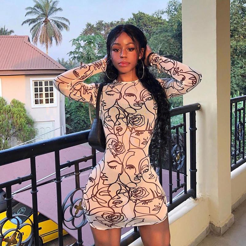 Blue Charlie mesh see-through printed mini dress for women, long sleeve, one-piece, stylish and sexy for special occasions.