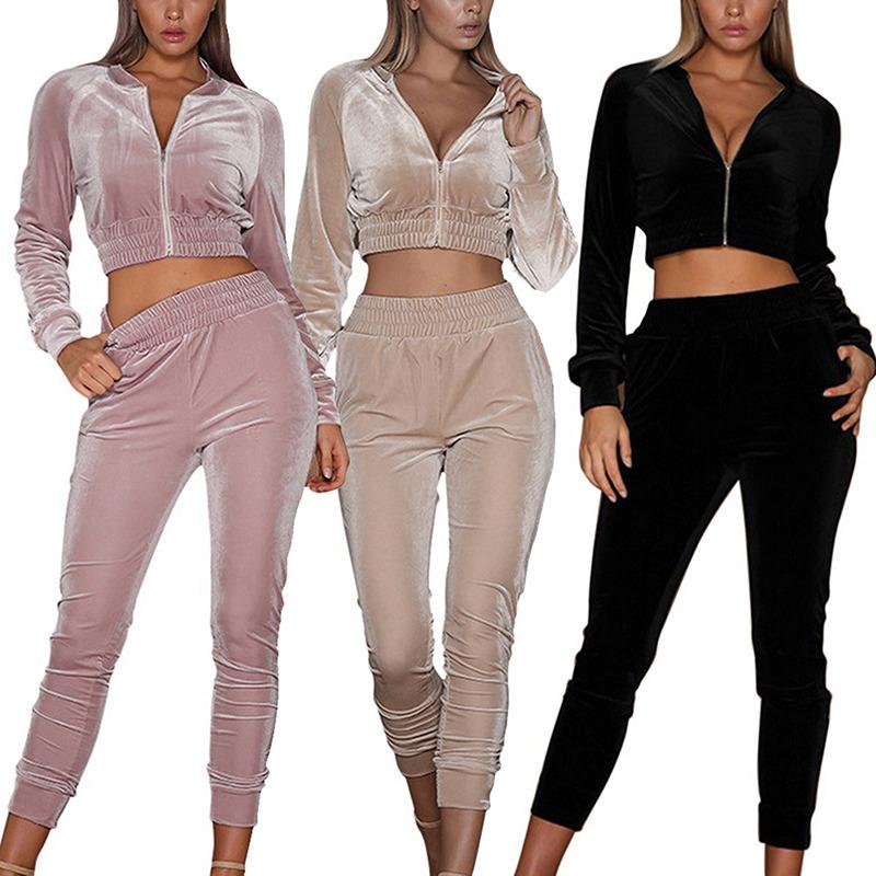 Blue Charlie 2021 autumn women’s velour two-piece tracksuit with long sleeves, perfect for cozy gym or home wear.